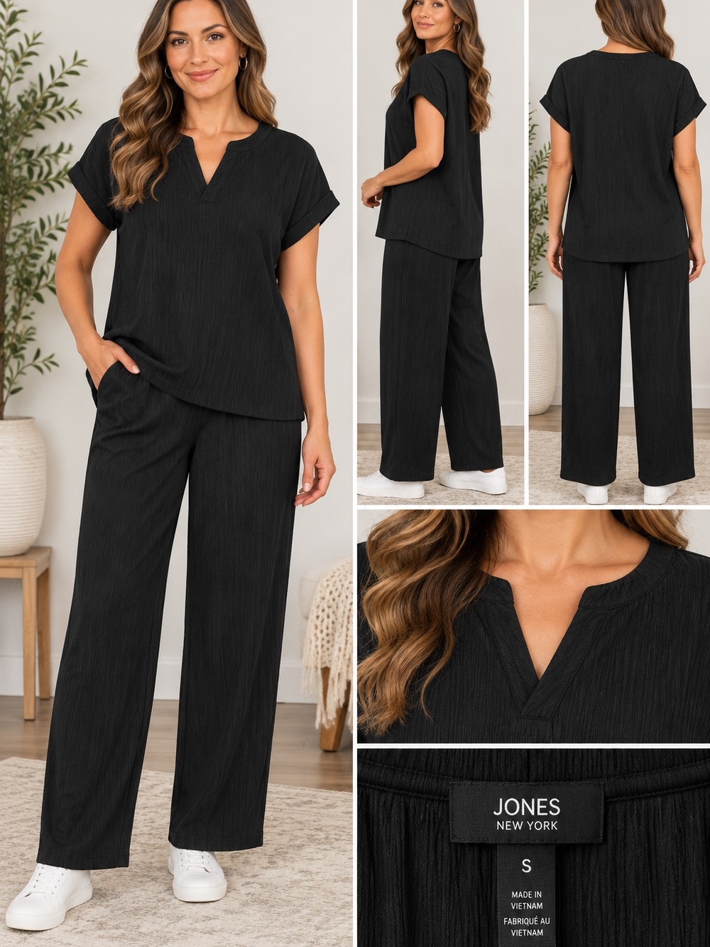 NWT Jones New York Signature Black Textured 2-Piece Pant Set TOP-S, PANTS-M